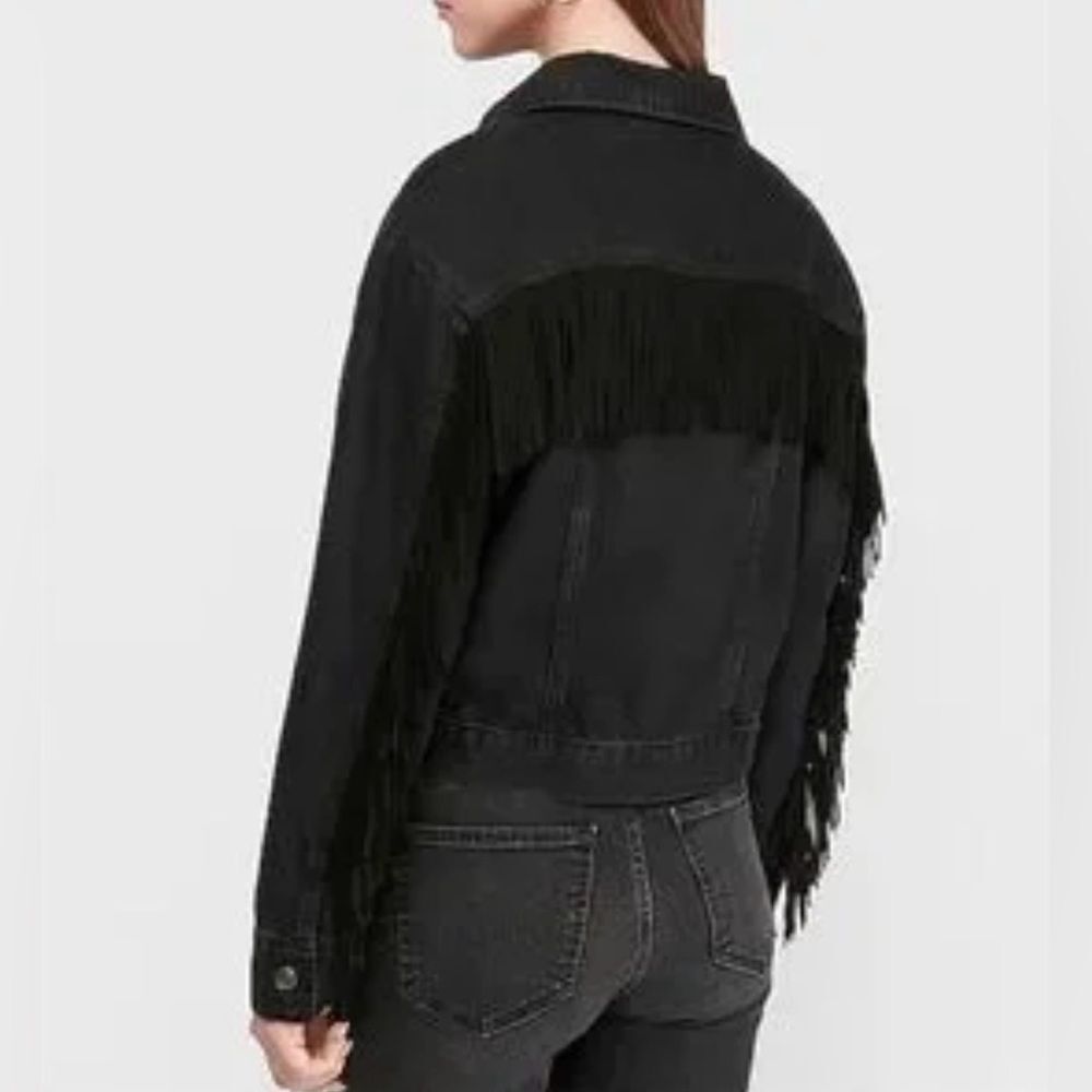 Zara Women's Black Fringe tassel distressed Denim Jacket